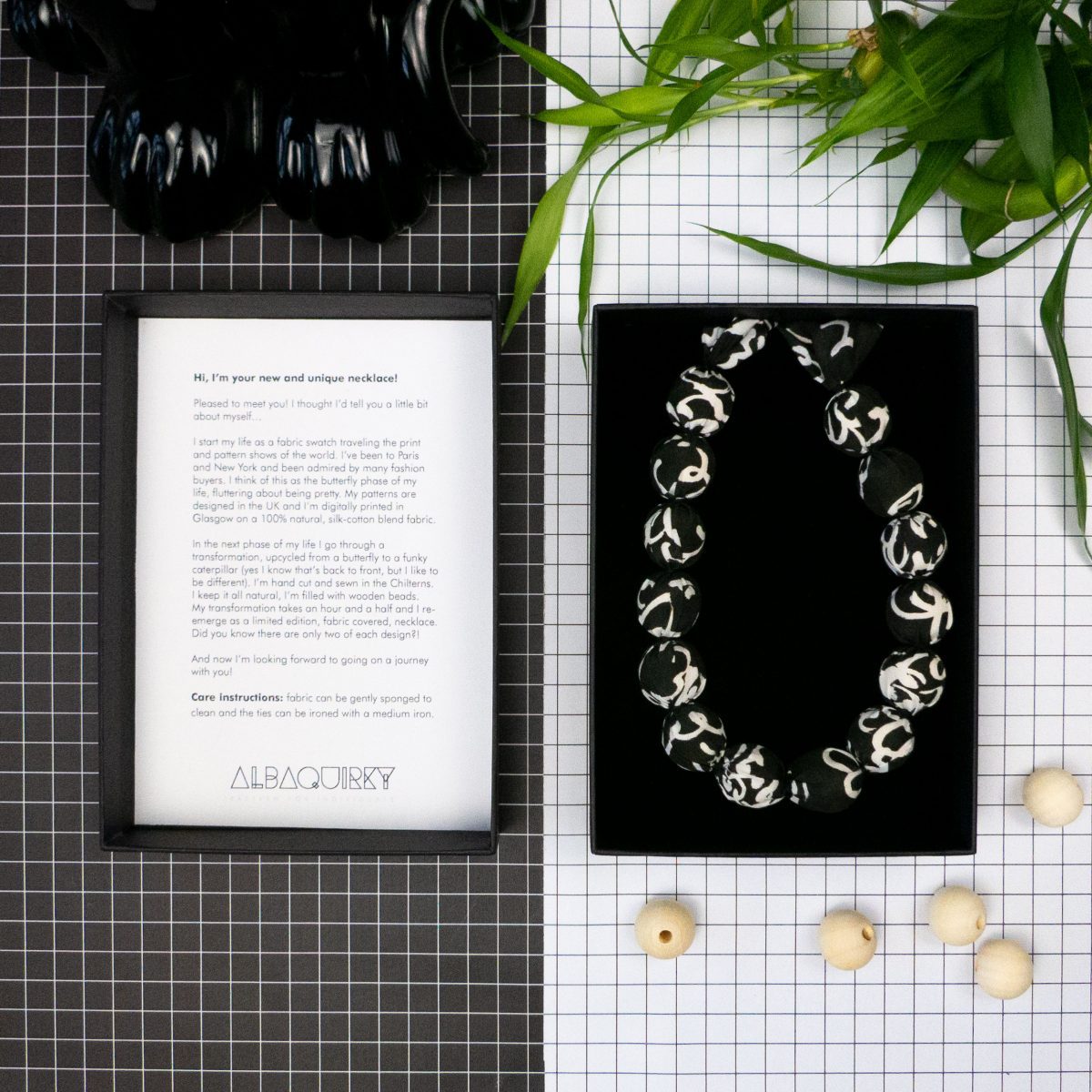 Chunky, Fabric Covered, Bead Necklace 'Black Peony'