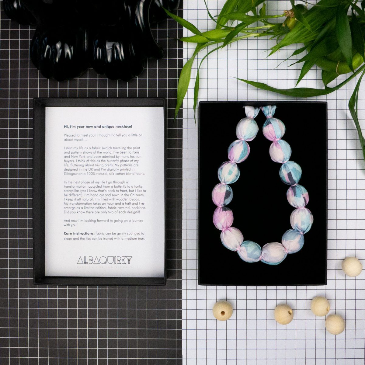 Chunky, Fabric Covered, Bead Necklace 'Wildflower Silhouette'