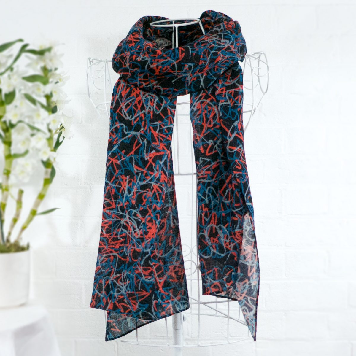 Large wool scarf - abstract squiggles blues, coral and dark plum - 'Bee Flight - dark plum'
