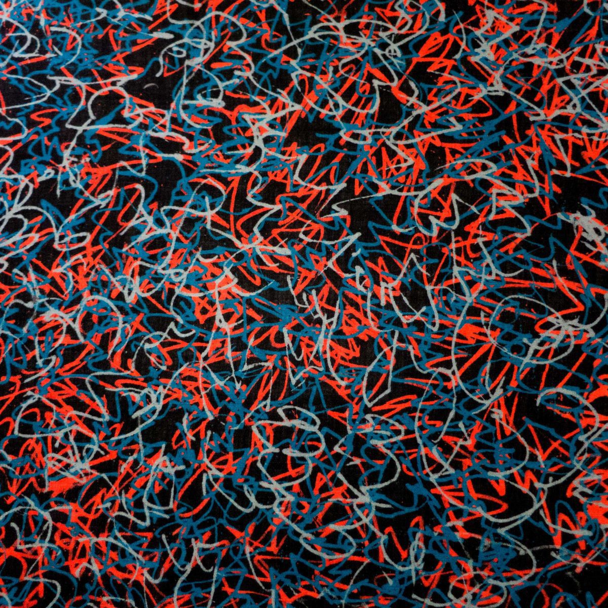 Large wool scarf - abstract squiggles blues, coral and dark plum - 'Bee Flight - dark plum'