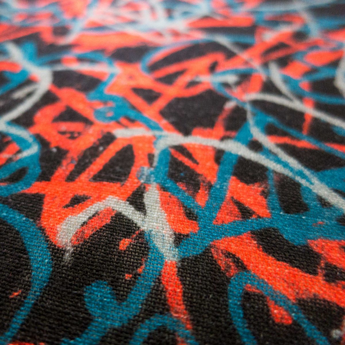 Large wool scarf - abstract squiggles blues, coral and dark plum - 'Bee Flight - dark plum'