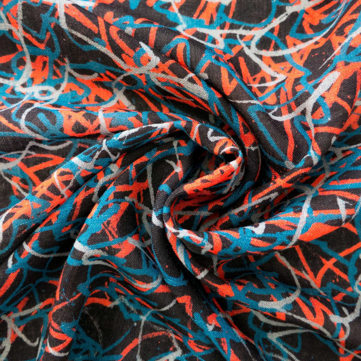 Large wool scarf - abstract squiggles blues, coral and dark plum - 'Bee Flight - dark plum'