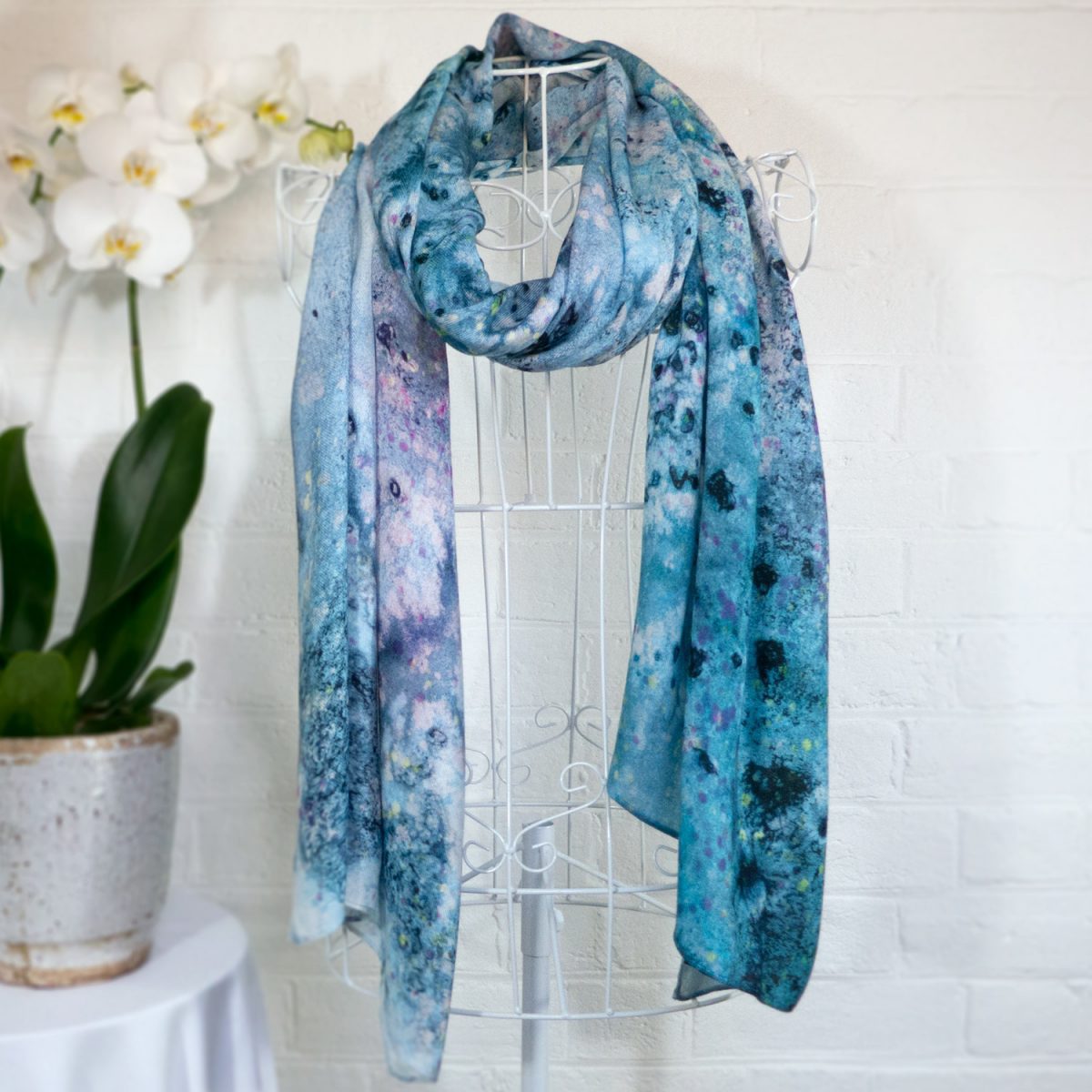 Large wool scarf - abstract painterly blues 'Metamorphic Salts'