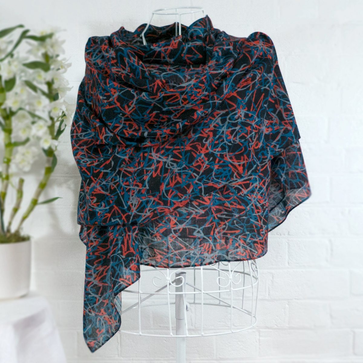Large wool scarf - abstract squiggles blues, coral and dark plum - 'Bee Flight - dark plum'