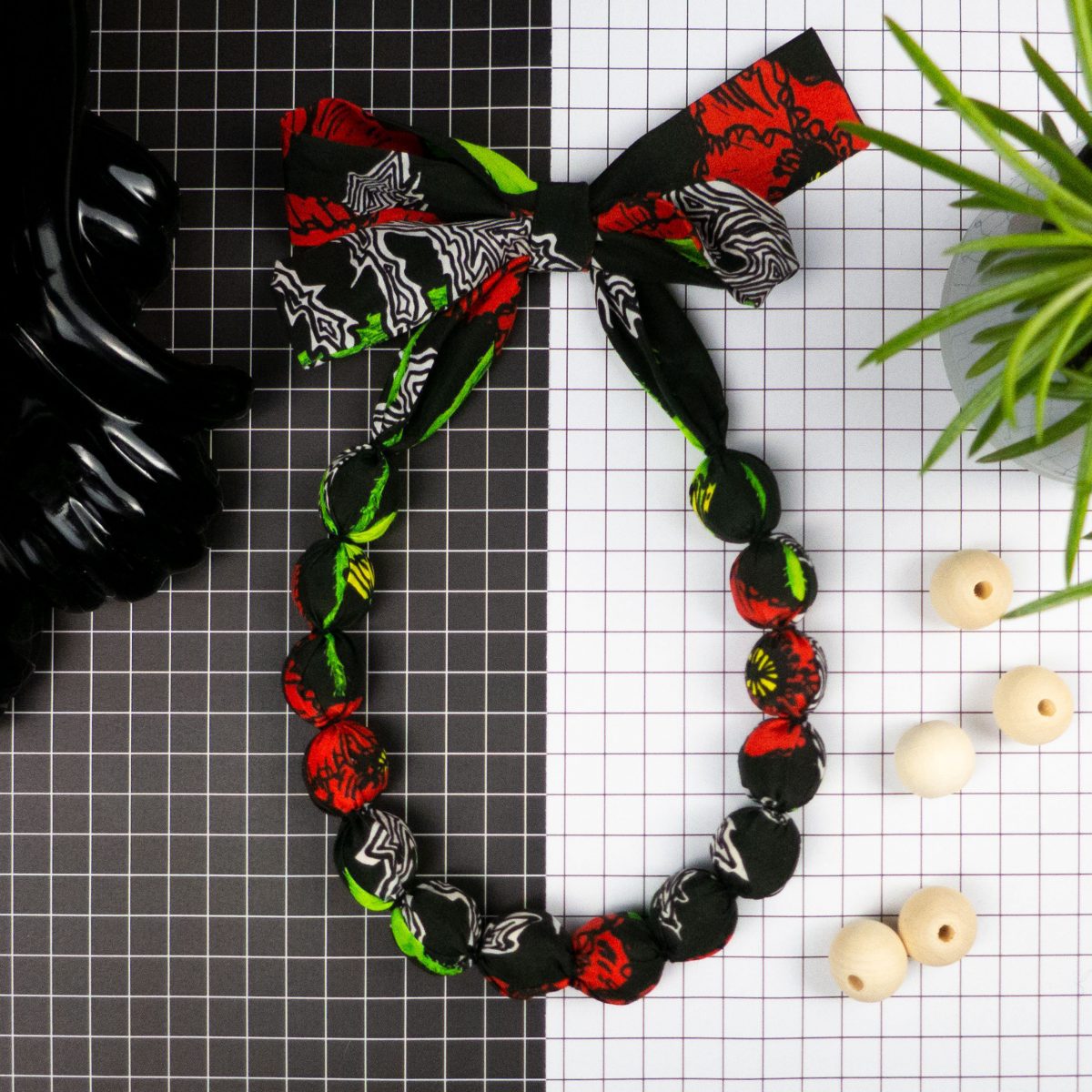 Chunky, Fabric Covered, Bead Necklace 'Poppies'