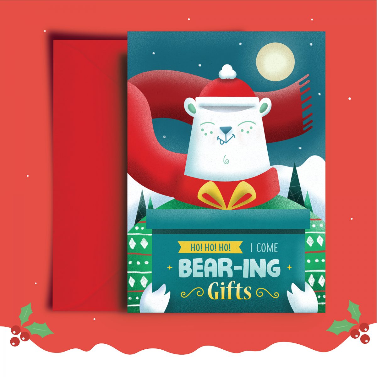 I come bear-ing gifts Christmas Card. A cute white bear holding a gift for Christmas