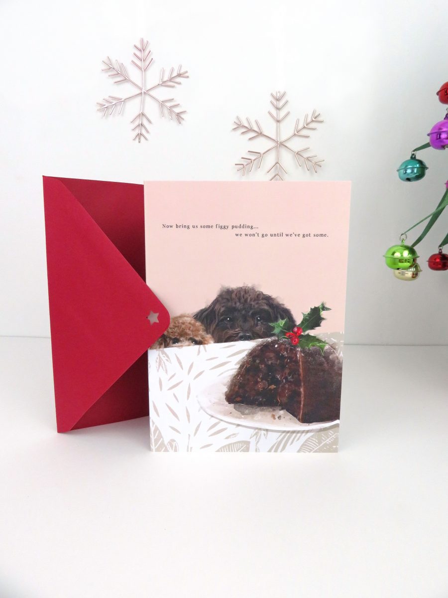 Figgy Pudding & Poodles Illustrated Christmas Card With Sparkle