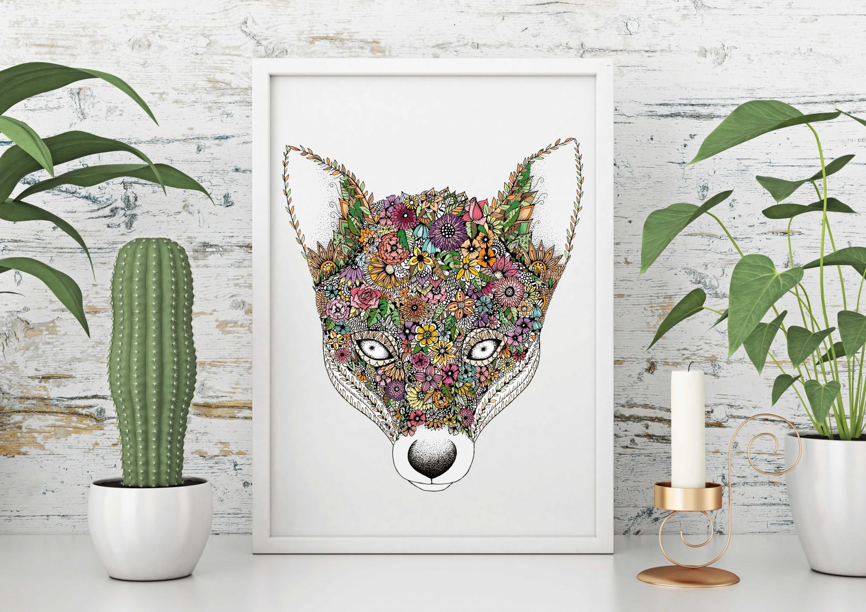 Floral Fox Art Print A4