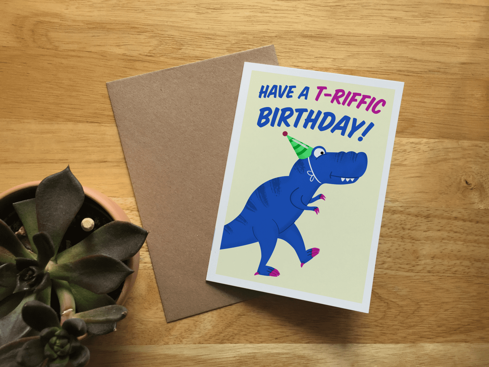 T-Rex / Tyrannosaurus Rex Illustrated Dinosaur A6 Birthday card / Have a T-riffic birthday pun