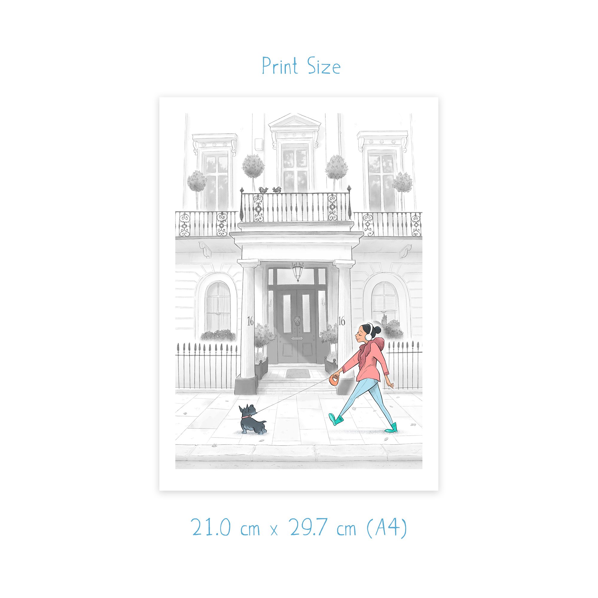 A Stroll Through Kensington, London Artwork, lady with dog