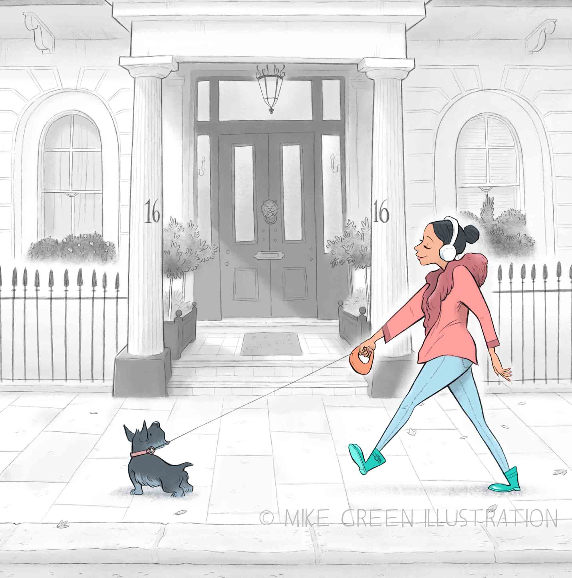 A Stroll Through Kensington, London Artwork, lady with dog