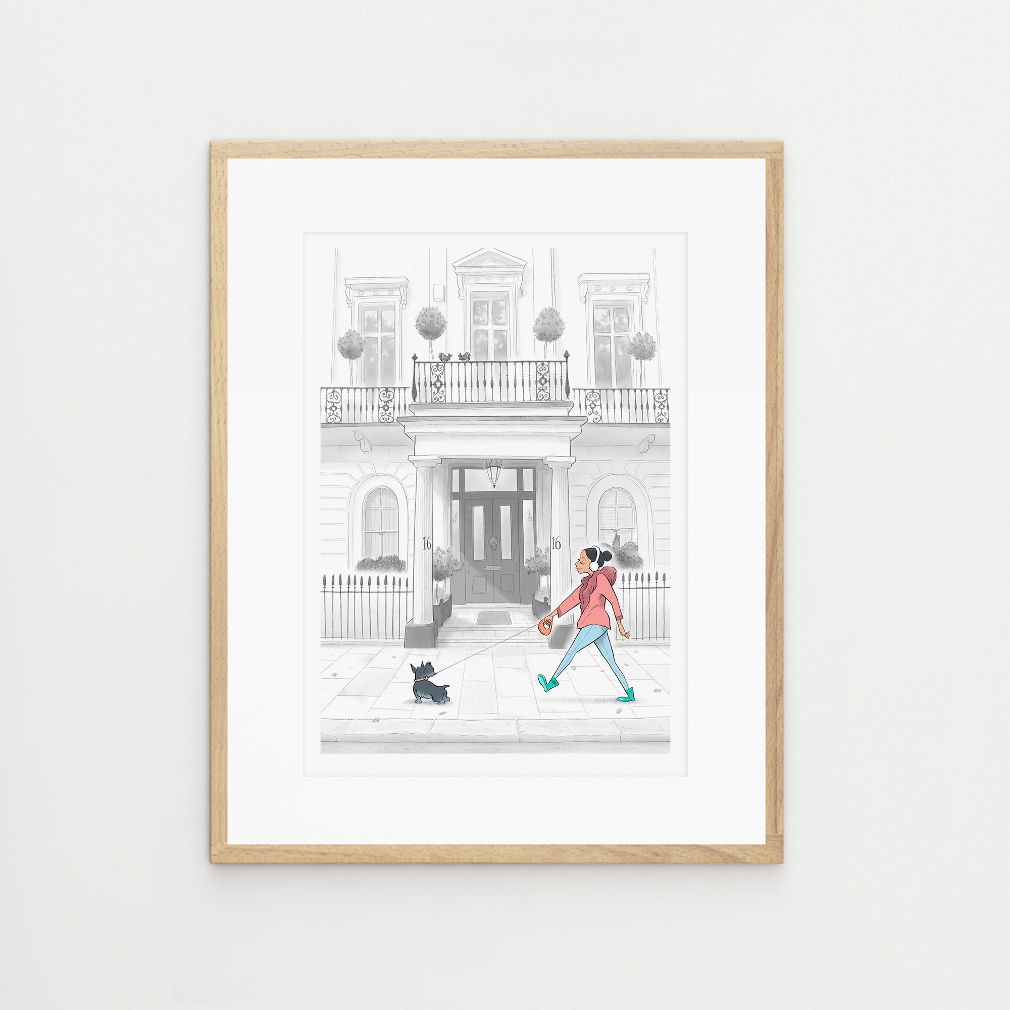 A Stroll Through Kensington, London Artwork, lady with dog