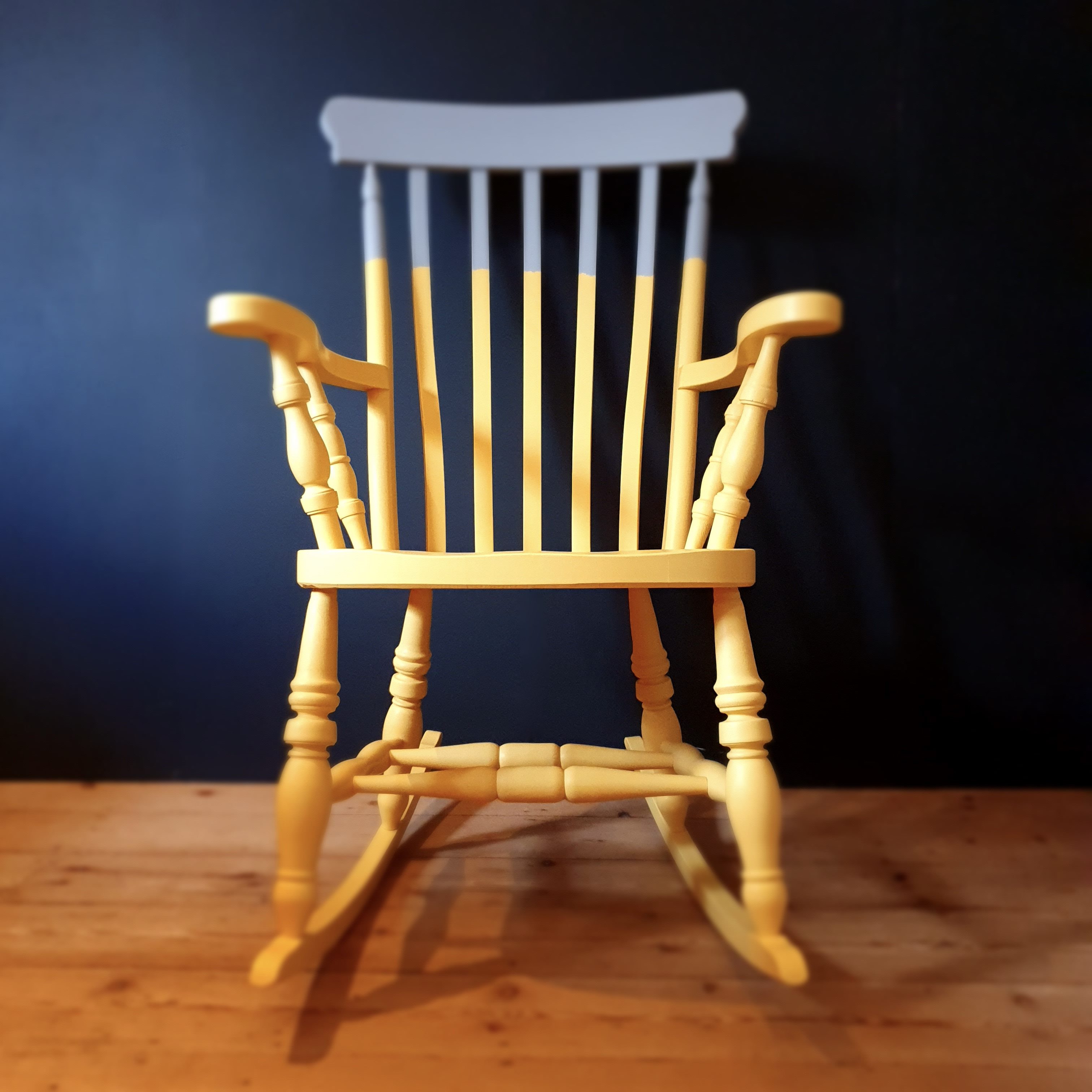 Two-tone yellow and grey painted wooden rocking chair
