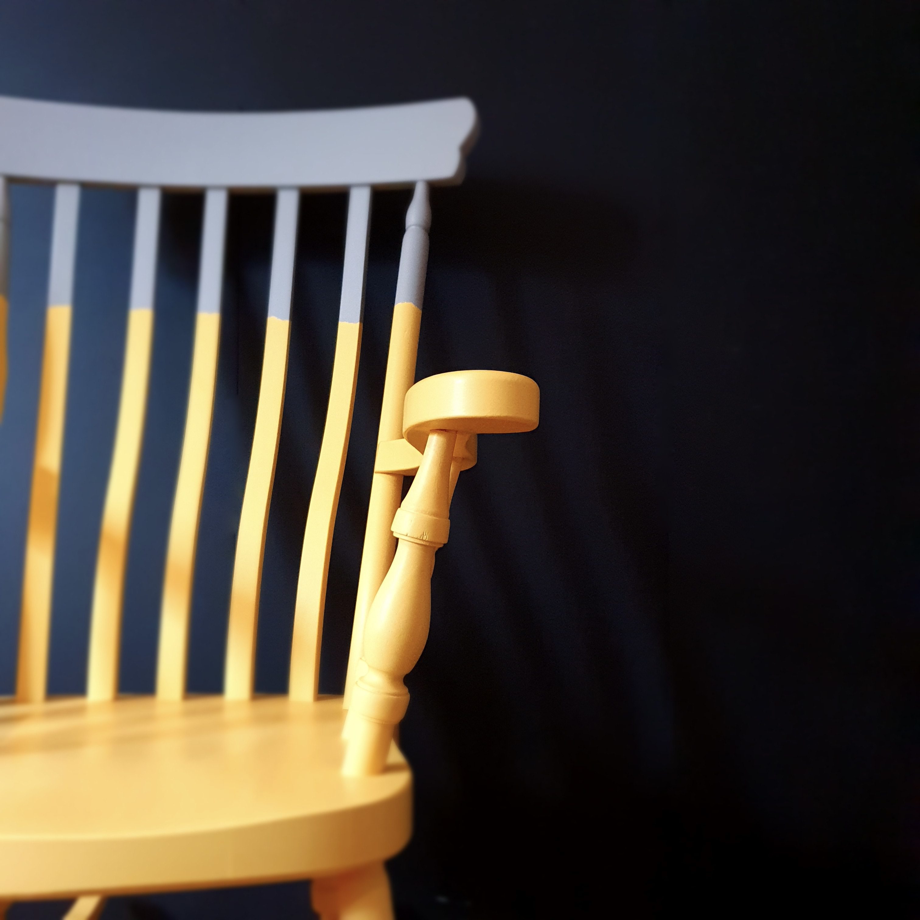 Two-tone yellow and grey painted wooden rocking chair