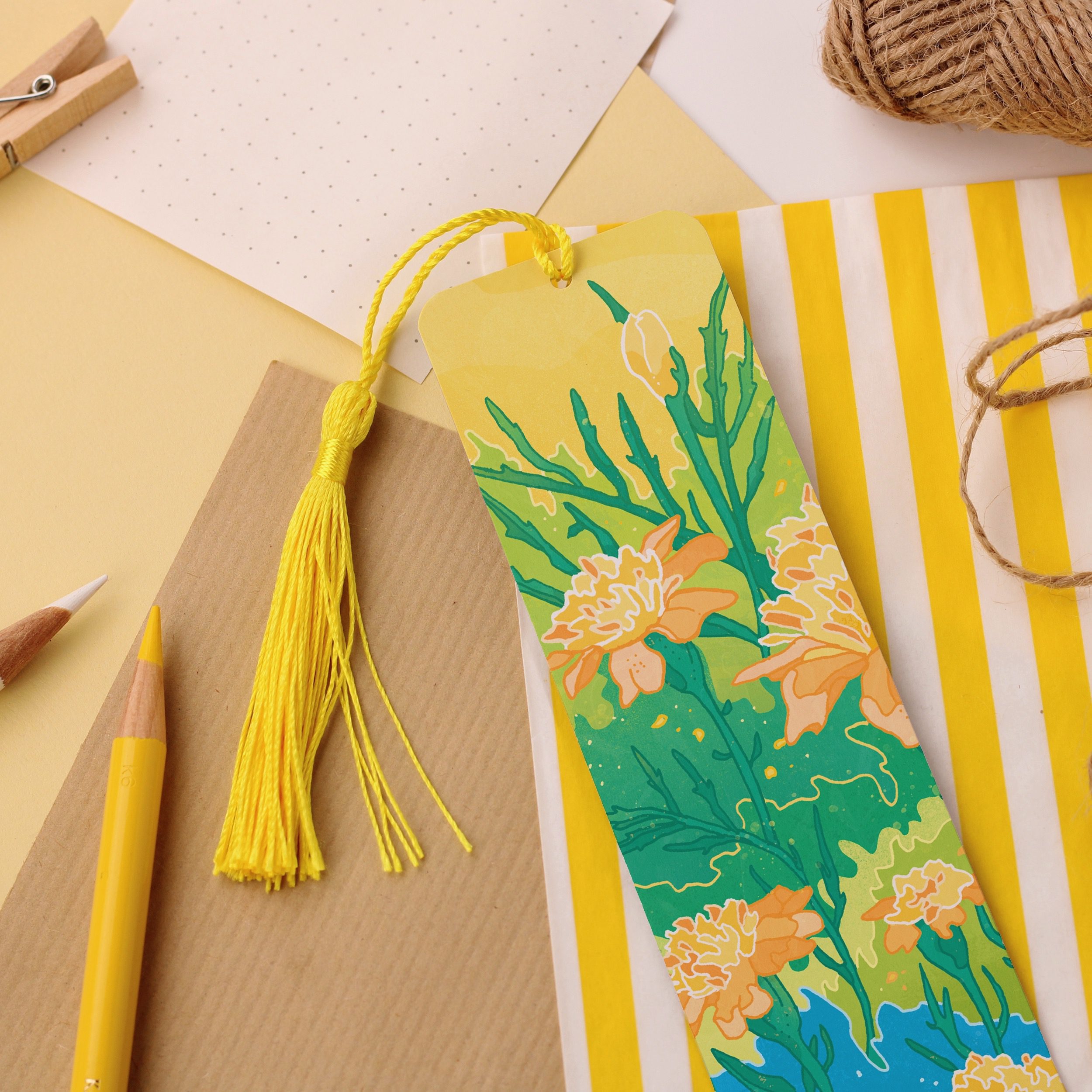 Yellow Flowers Aluminium Bookmark, Garden Botanical Illustration, Metal Bookmark with Tassel