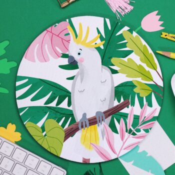Cockatoo Mouse Pad, Jungle Parrot illustration, Cute Desk Accessory, Exotic Plants