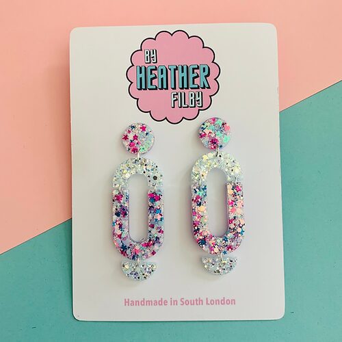 White Silver and Blue Geometric Glitter Earrings