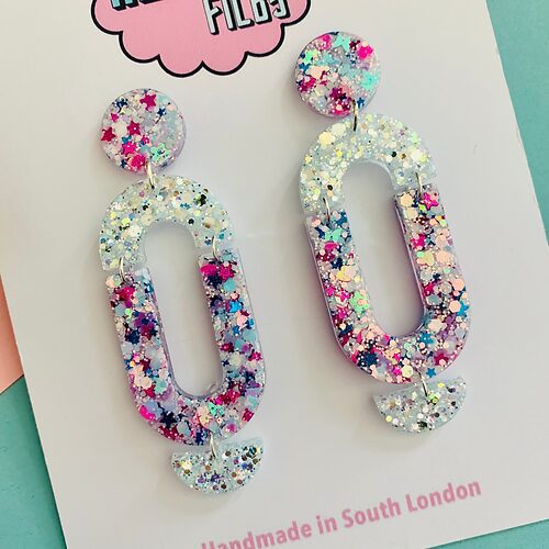 White Silver and Blue Geometric Glitter Earrings
