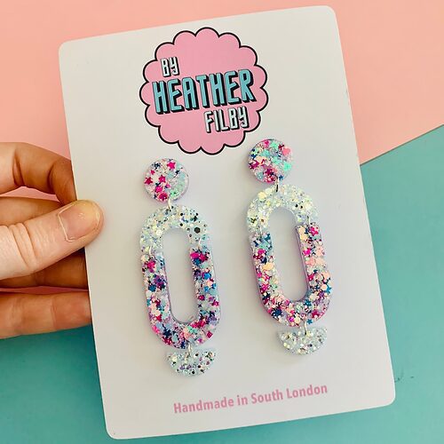 White Silver and Blue Geometric Glitter Earrings