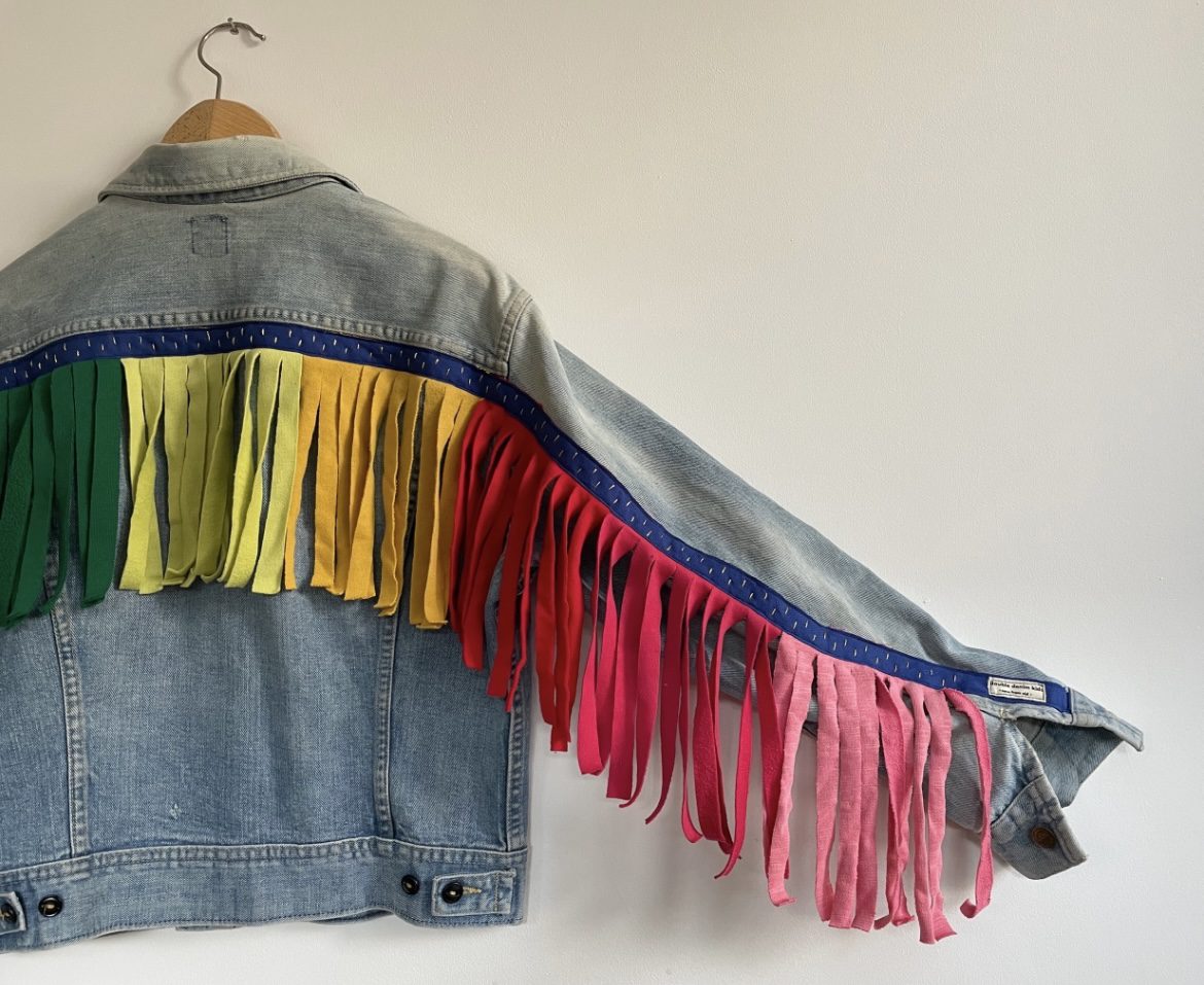 Vintage denim jacket with recycled rainbow tassels
