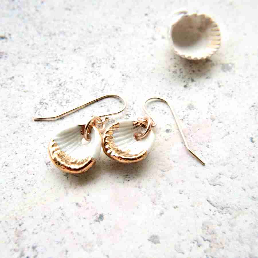White and gold seashells, 14k gold earrings