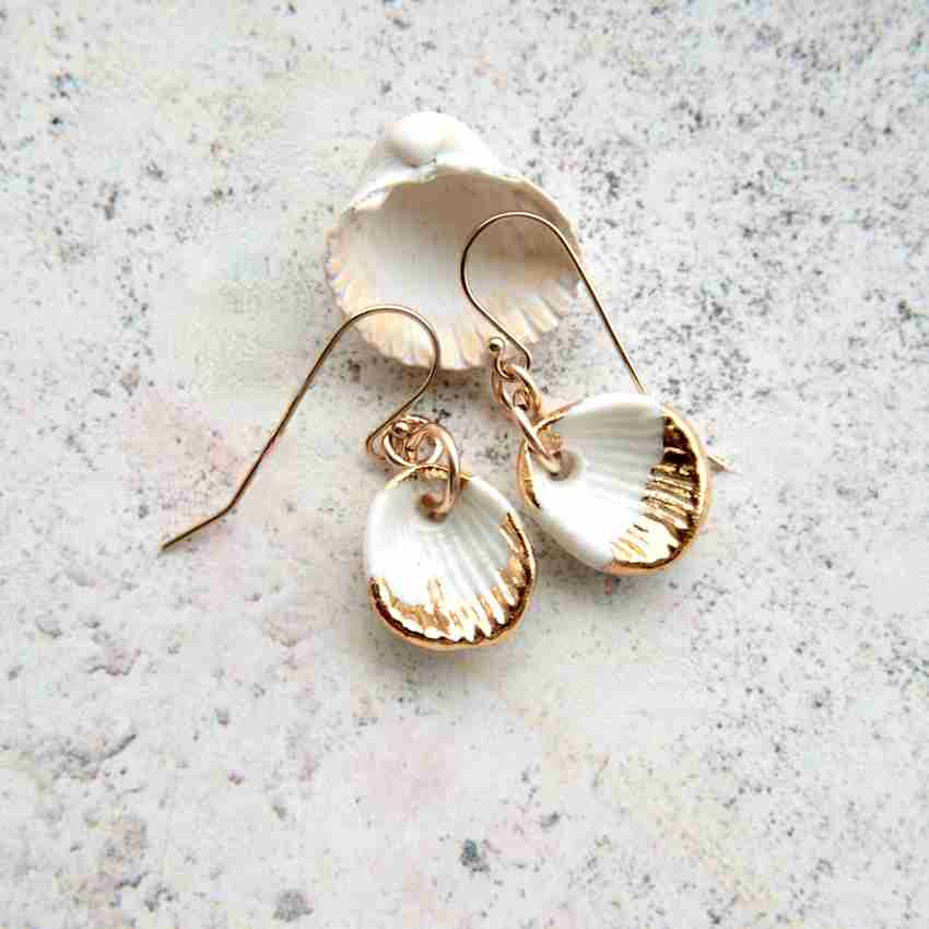 White and gold seashells, 14k gold earrings