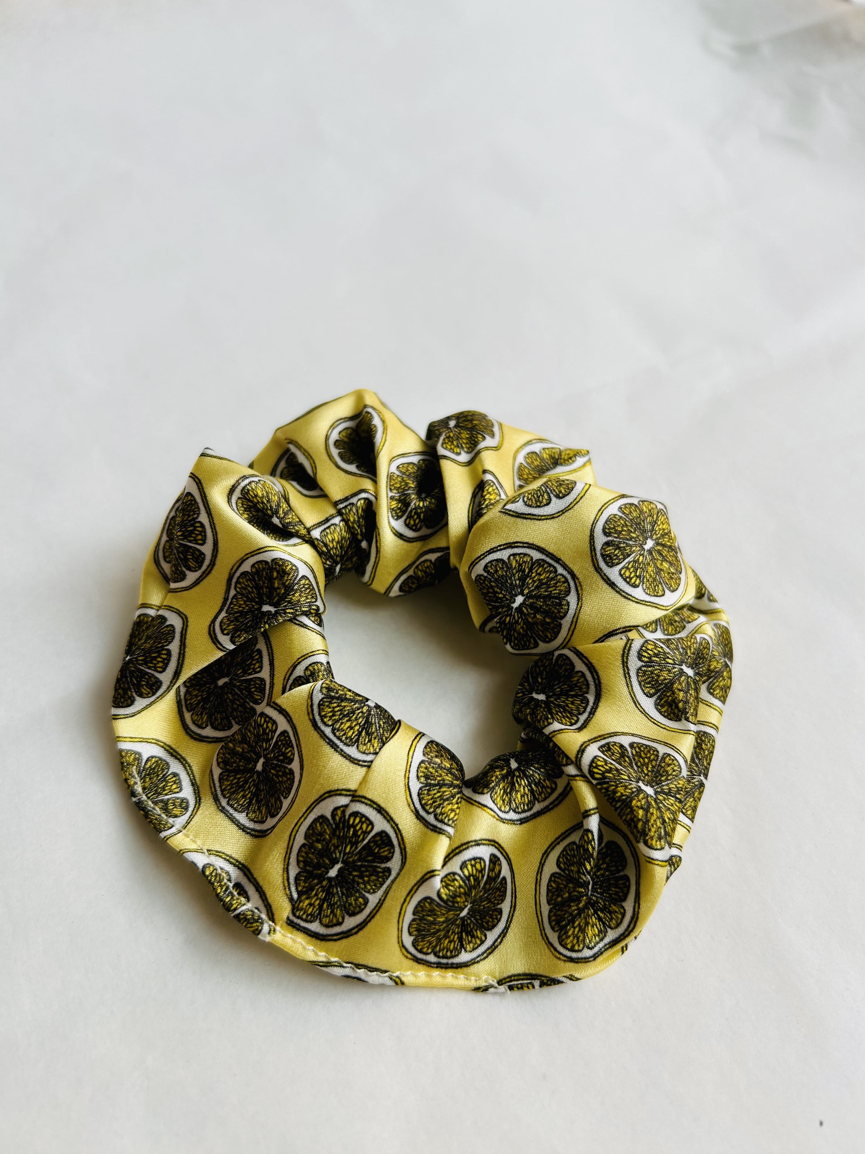 Real silk yellow lemon hand-drawn, UK handmade silk scrunchie