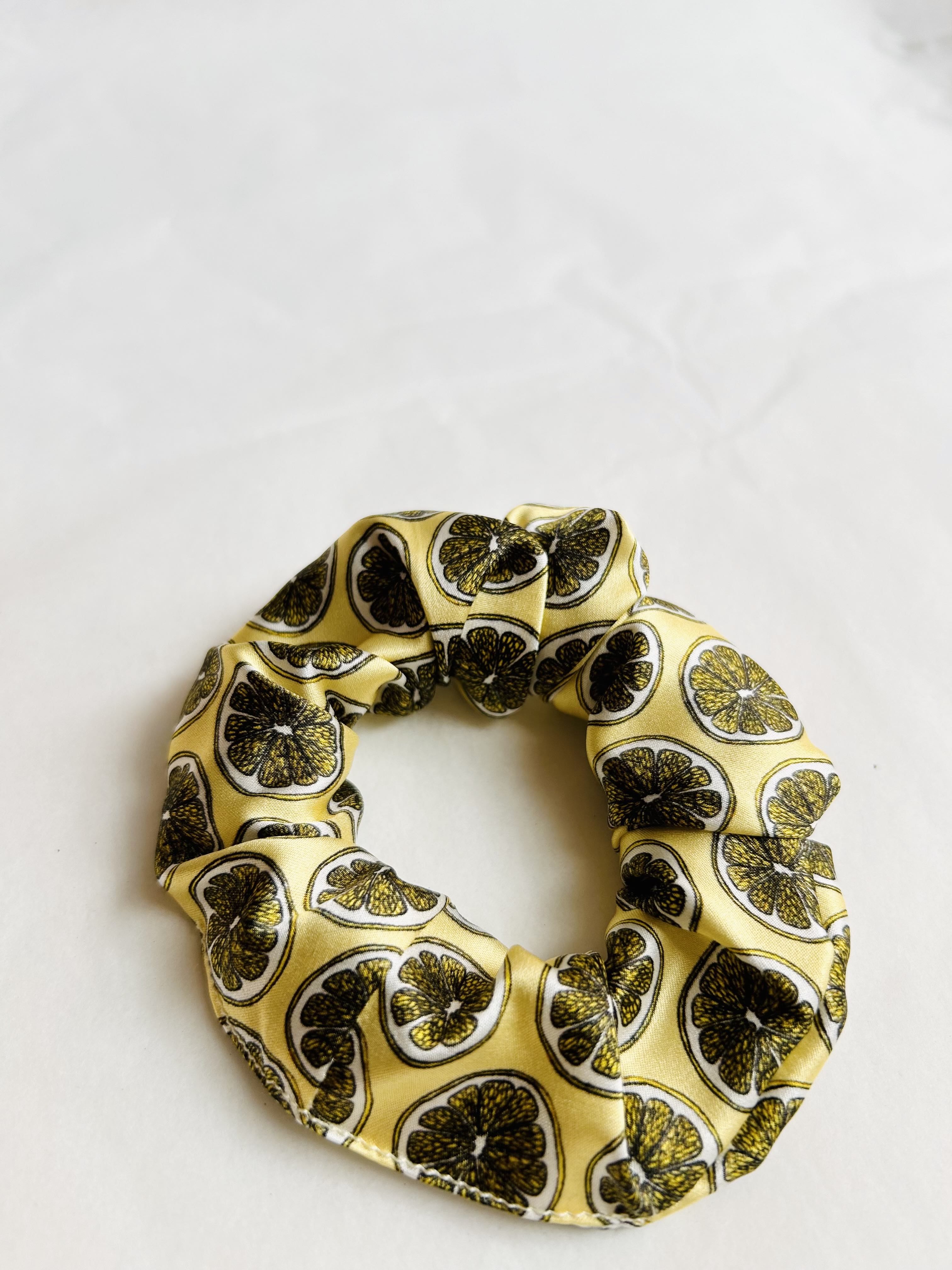 Real silk yellow lemon hand-drawn silk scrunchie