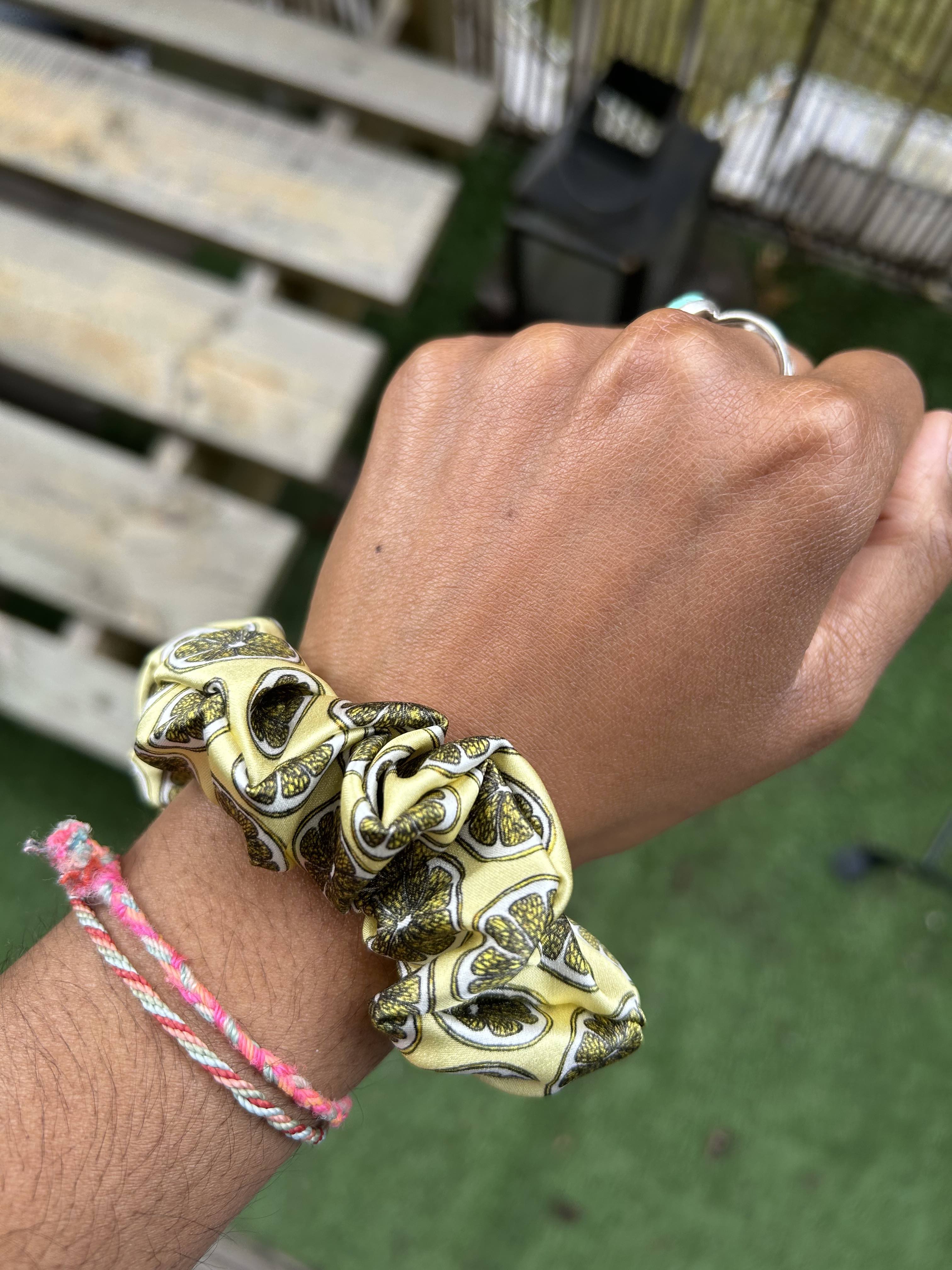 Real silk yellow lemon hand-drawn, UK handmade silk scrunchie