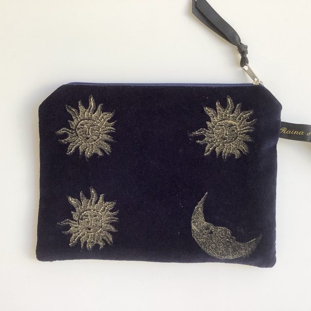 Luxury Navy Velvet Zip-Up Pouch with golden Sun and Moon hand printed design