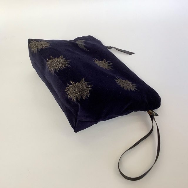 Luxury Navy Velvet Makeup Bag with golden Sun and Moon print with Black Grosgrain wrist strap