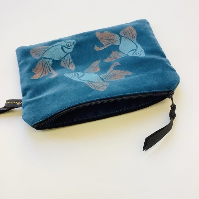 Teal Velvet Koi Fish velvet zip-up pouch