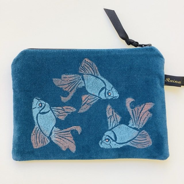 Teal Velvet Koi Fish velvet zip-up pouch