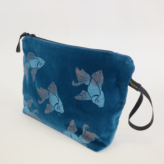 Teal Velvet Koi Fish Makeup Bag
