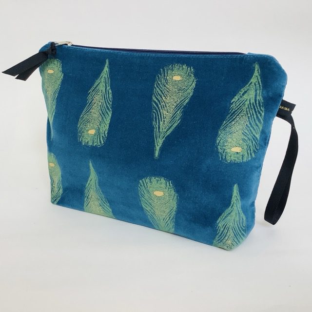 Teal Velvet Peacock Feathers Makeup Bag