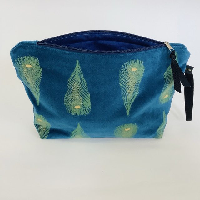 Teal Velvet Peacock Feathers Makeup Bag