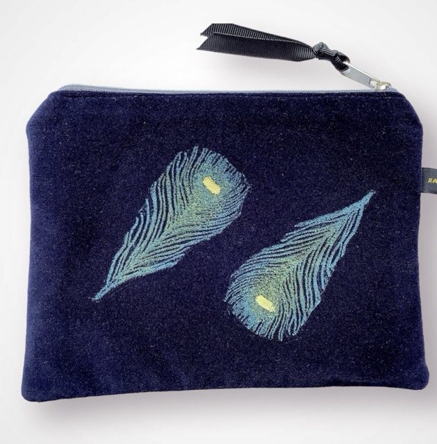 Luxury Navy Velvet Zip Up Pouch with blue Peacock Feathers hand printed design with golden shimmer and with Black Grosgrain hand strap