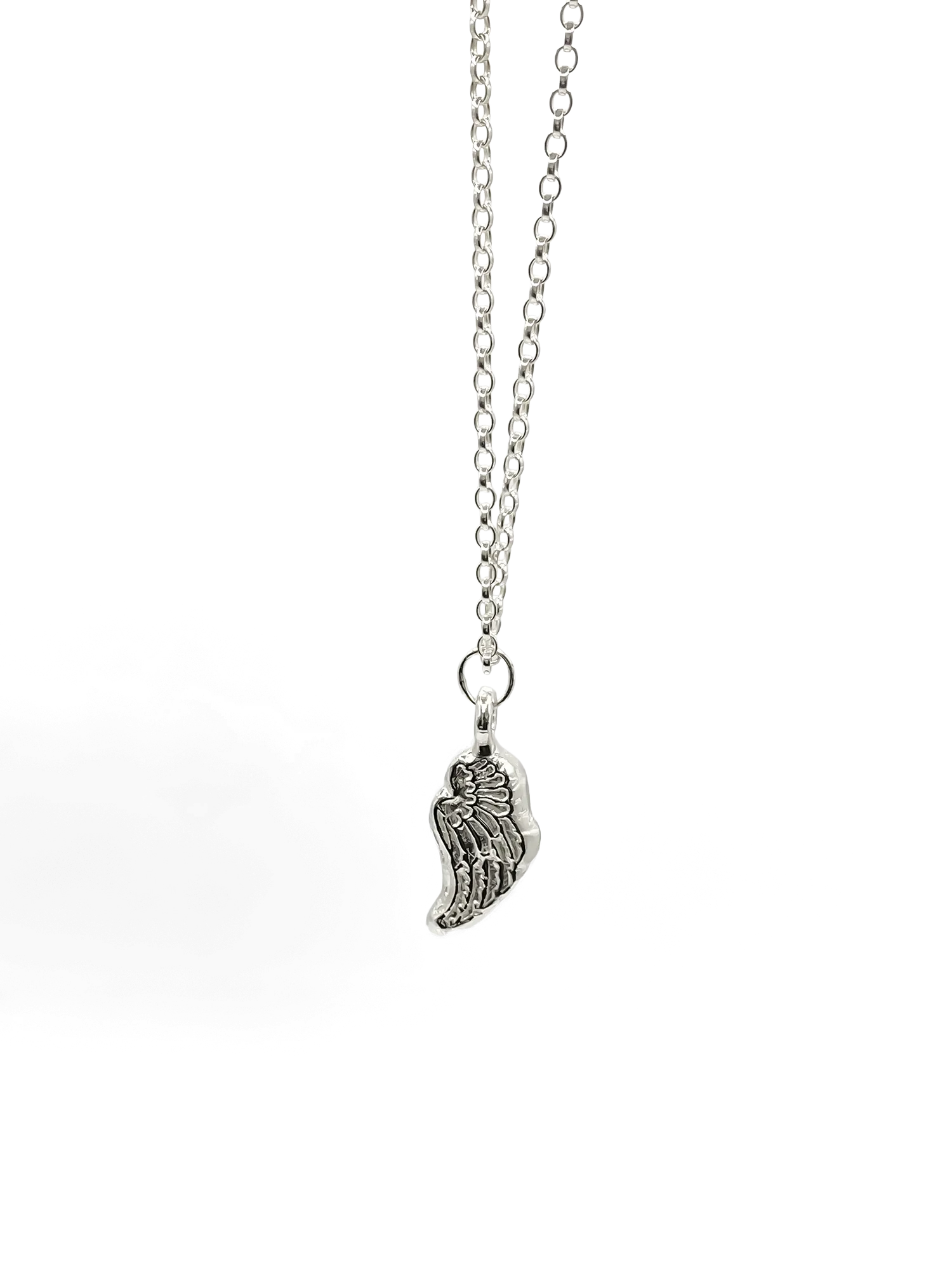 Sterling silver angel wing pendant necklace on a white background