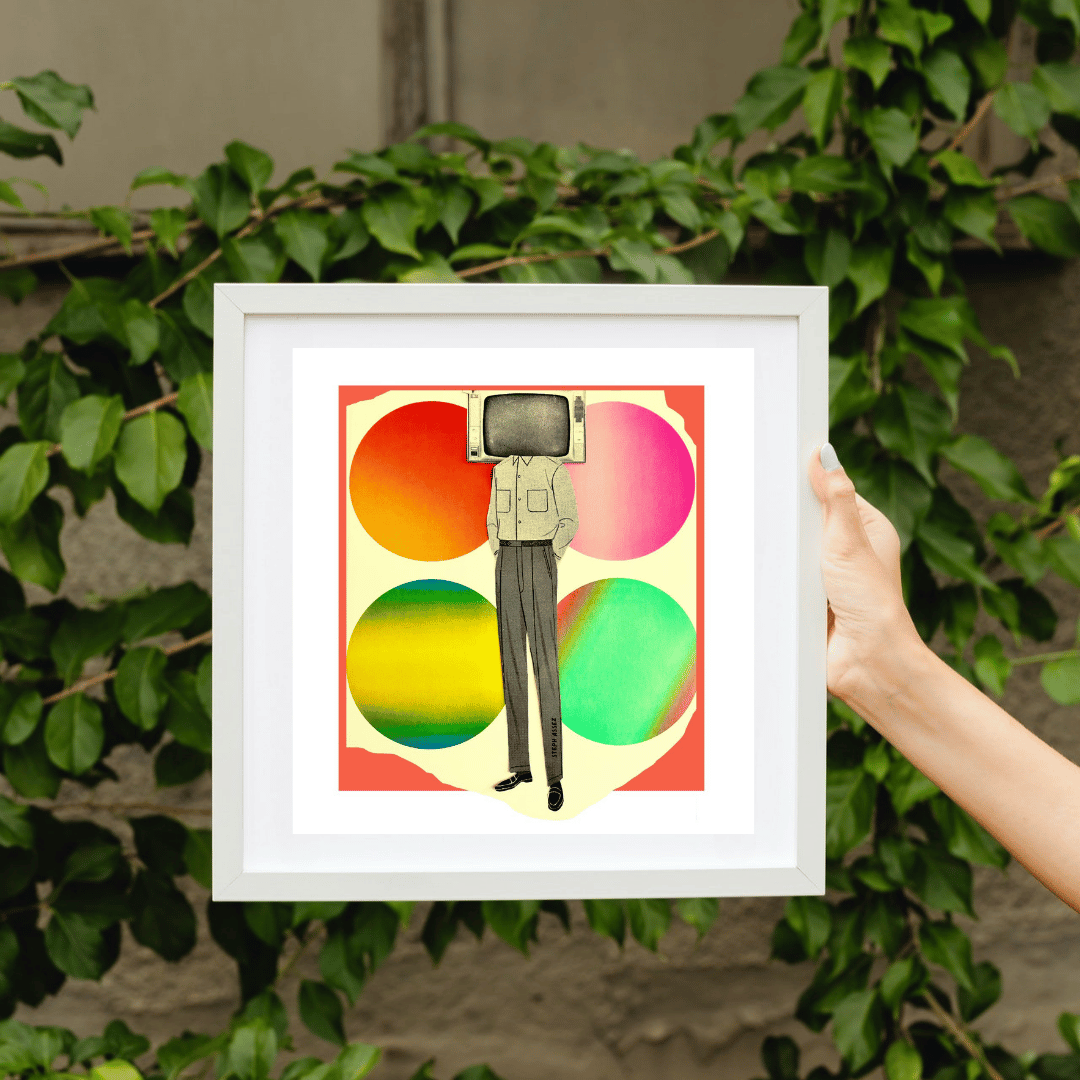 Nick At Nite collage art print made by Assez Colalge featuring a man with a television head, made from vintage and recycled materials for eco-friendly wall-art