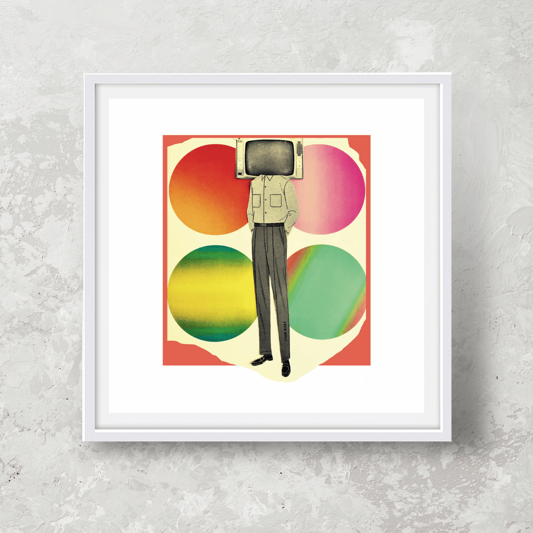 Assez Colalge art print of Nick At Nite featuring a man with a TV head, art made from vintage and recycled materials and printed on eco-stock for sustainable wall art
