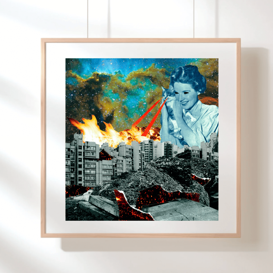 Print of a hand-cut collage by Steph Assez of Assez Collage, featuring a woman holding a cat firing lasers from its eyes against a space galaxy background, printed on eco-frinedly recycled stock and originally made using vintage, found and recycled materials.