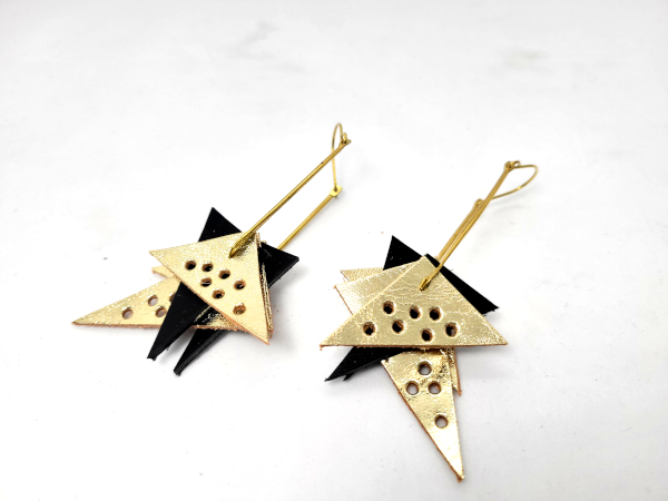 Geometric handmade upcycled Leather Earrings - Black and Orange