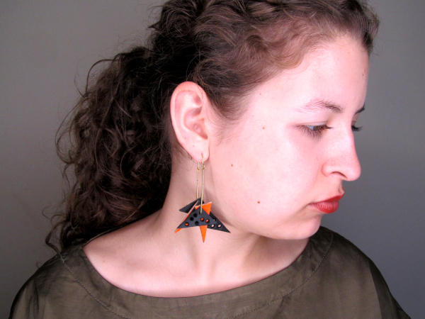 Geometric handmade upcycled Leather Earrings - Black and Orange