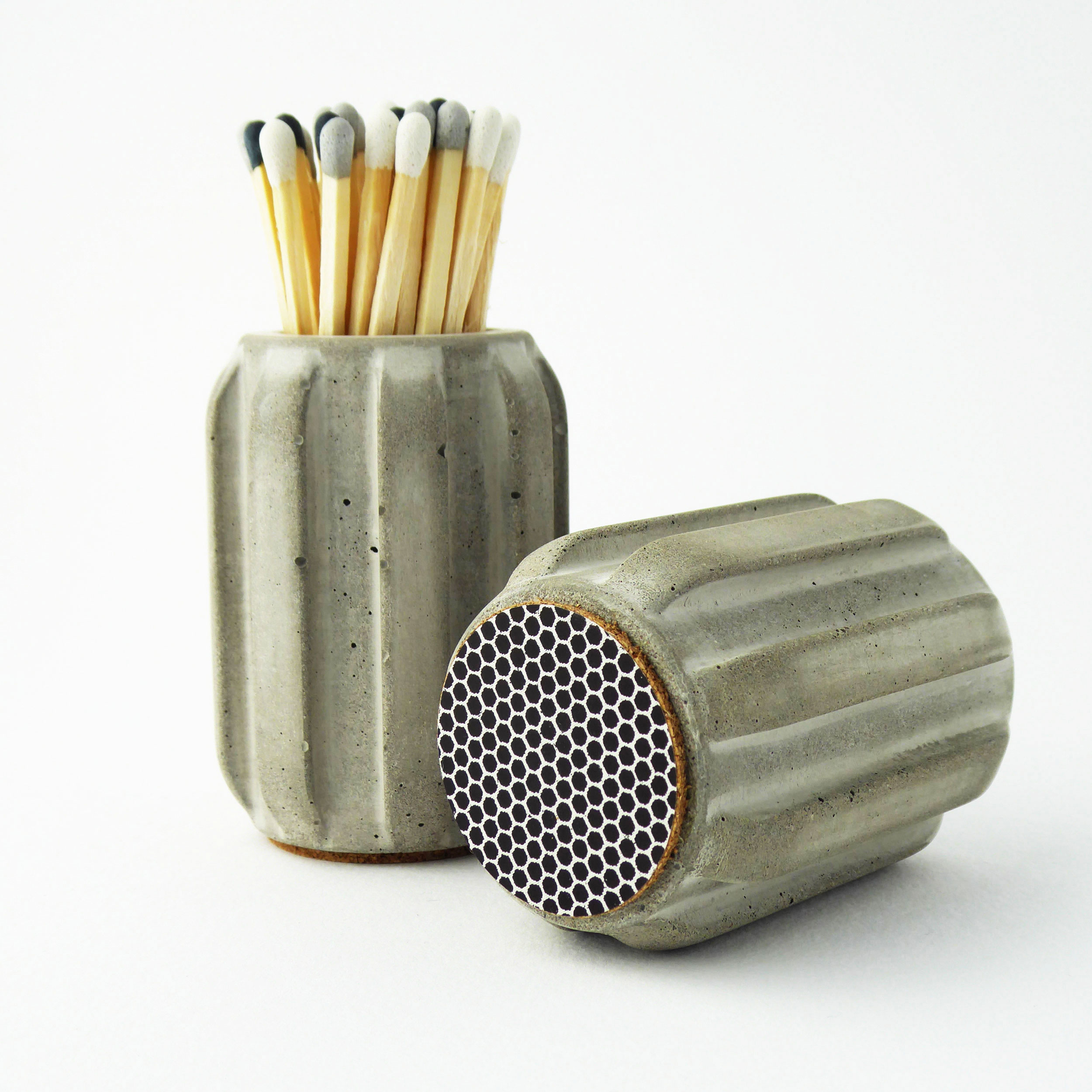 Concrete match pot with long matches - natural grey or white