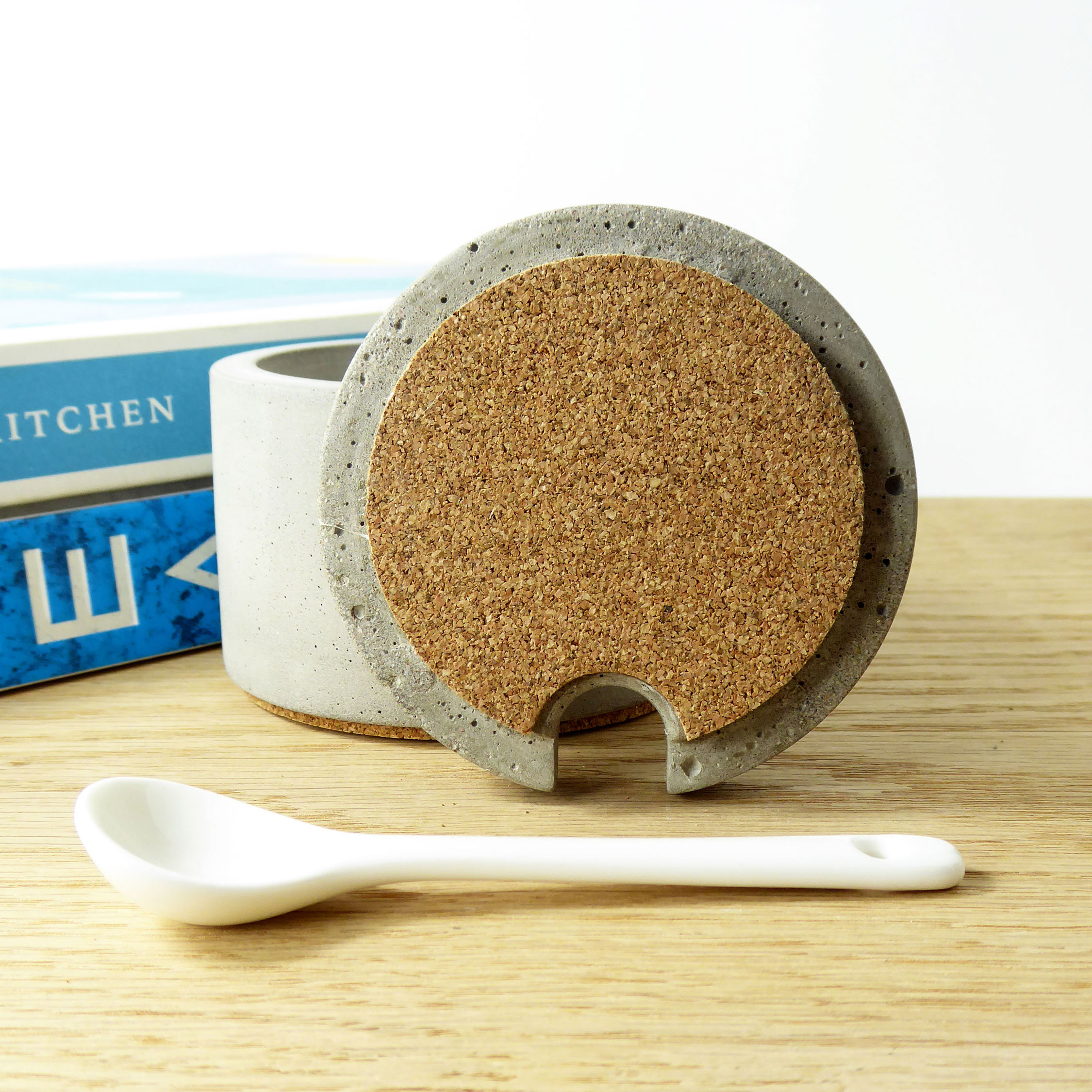 Concrete salt or sugar pot and ceramic spoon - natural grey