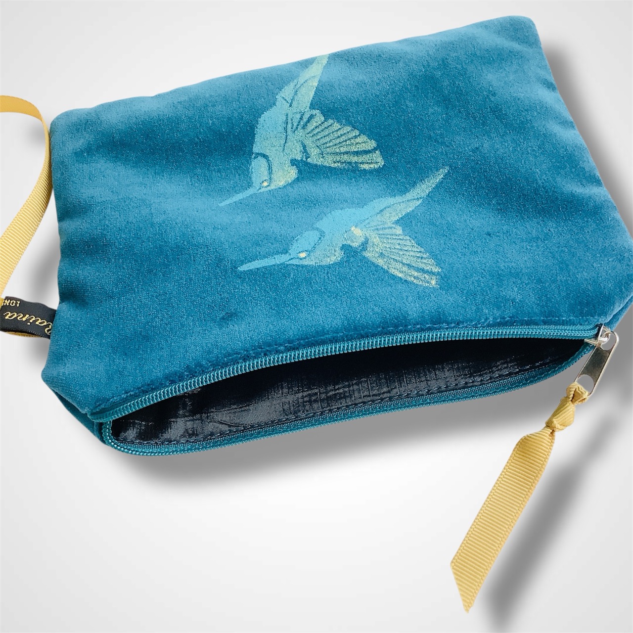 Teal Velvet Hummingbirds Zip-Up Pouch