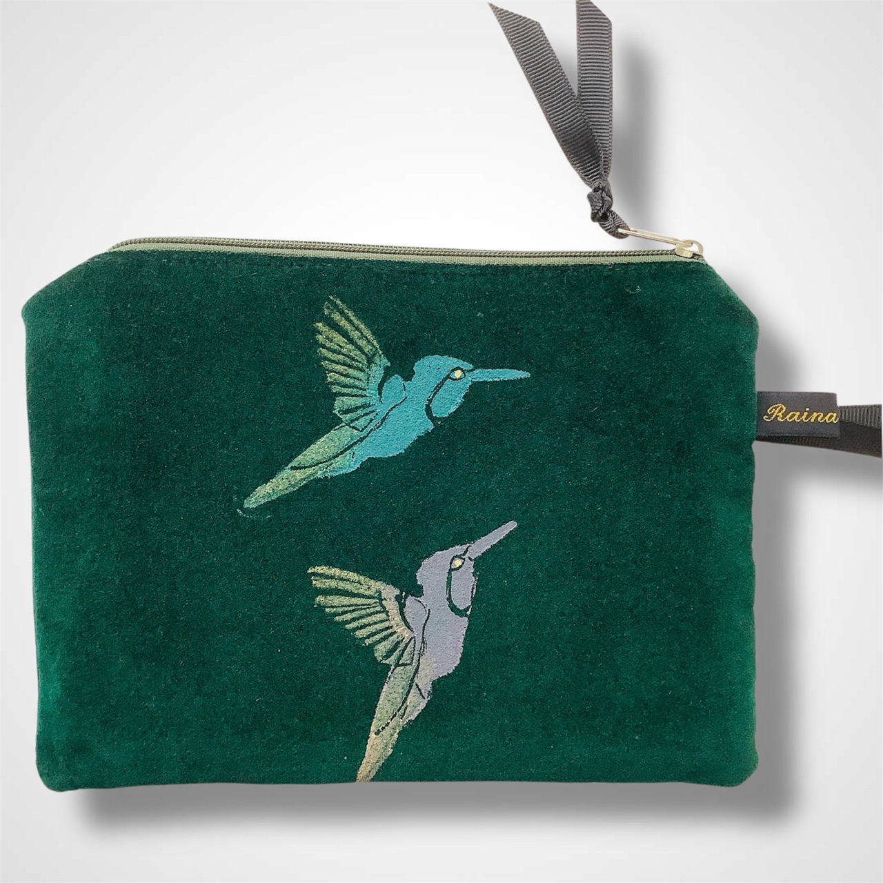 Green Velvet Hummingbirds velvet zip-up pouch