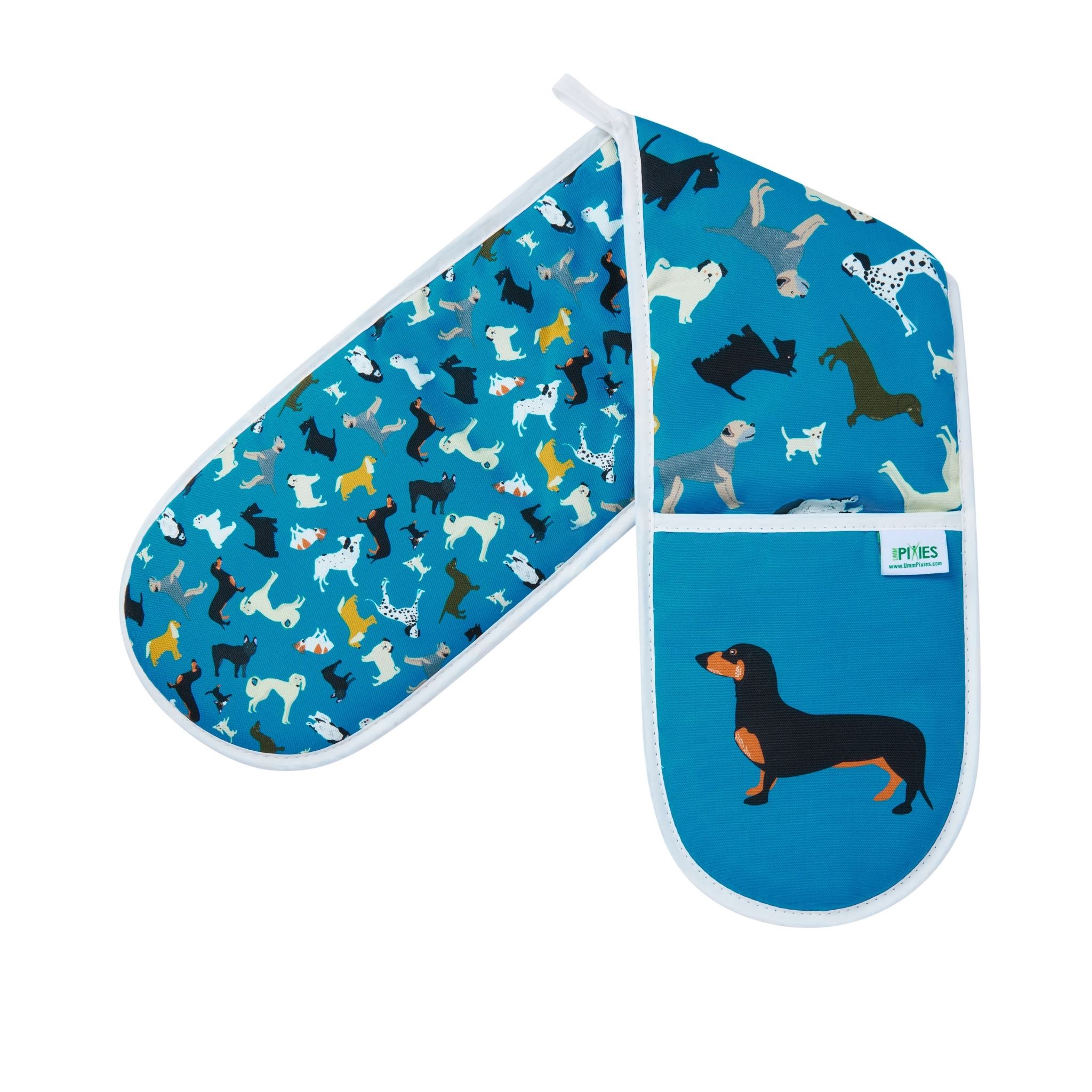 Dogs design cotton oven gloves cut out image showing design on both sides