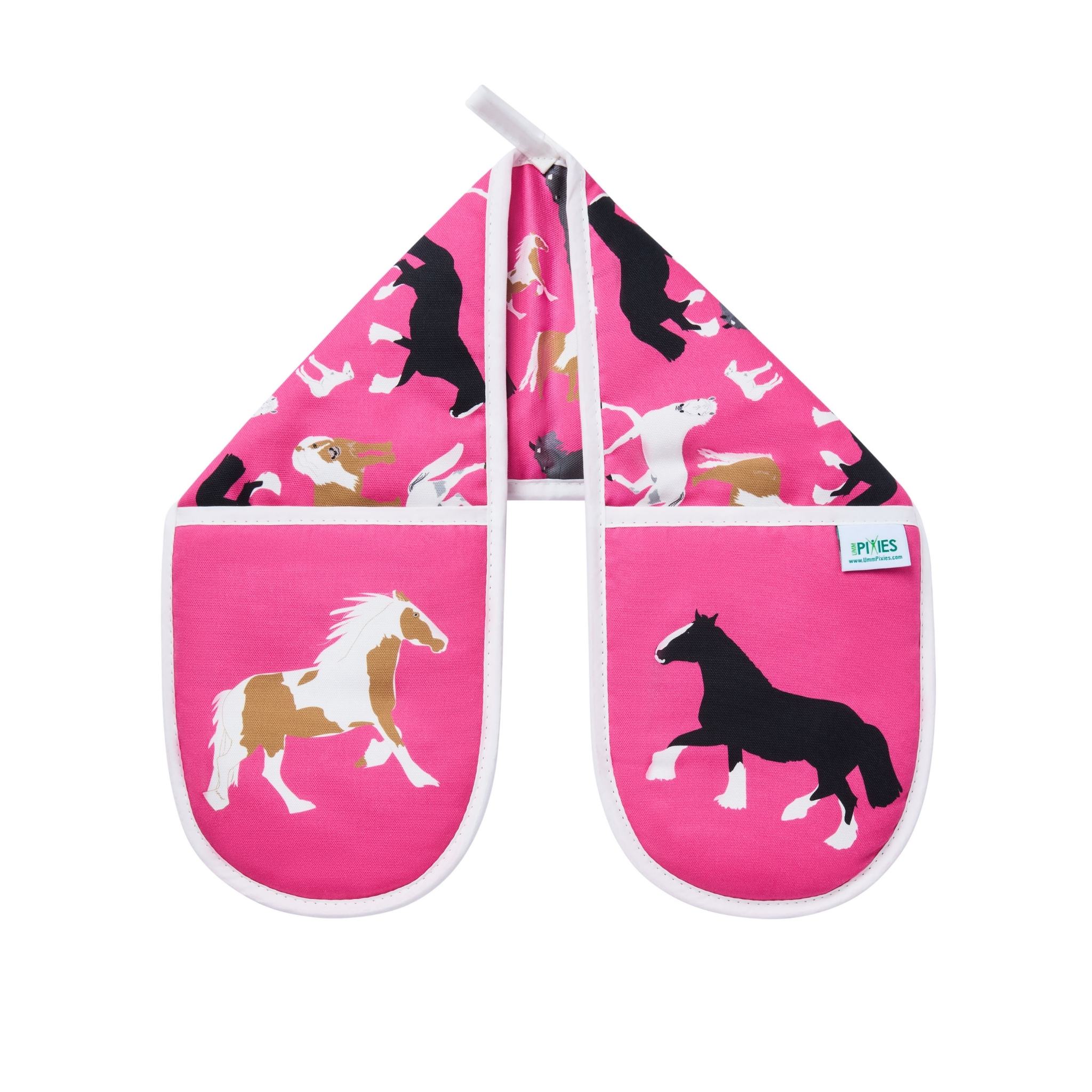 Pink organic cotton oven gloves with horses illustrations