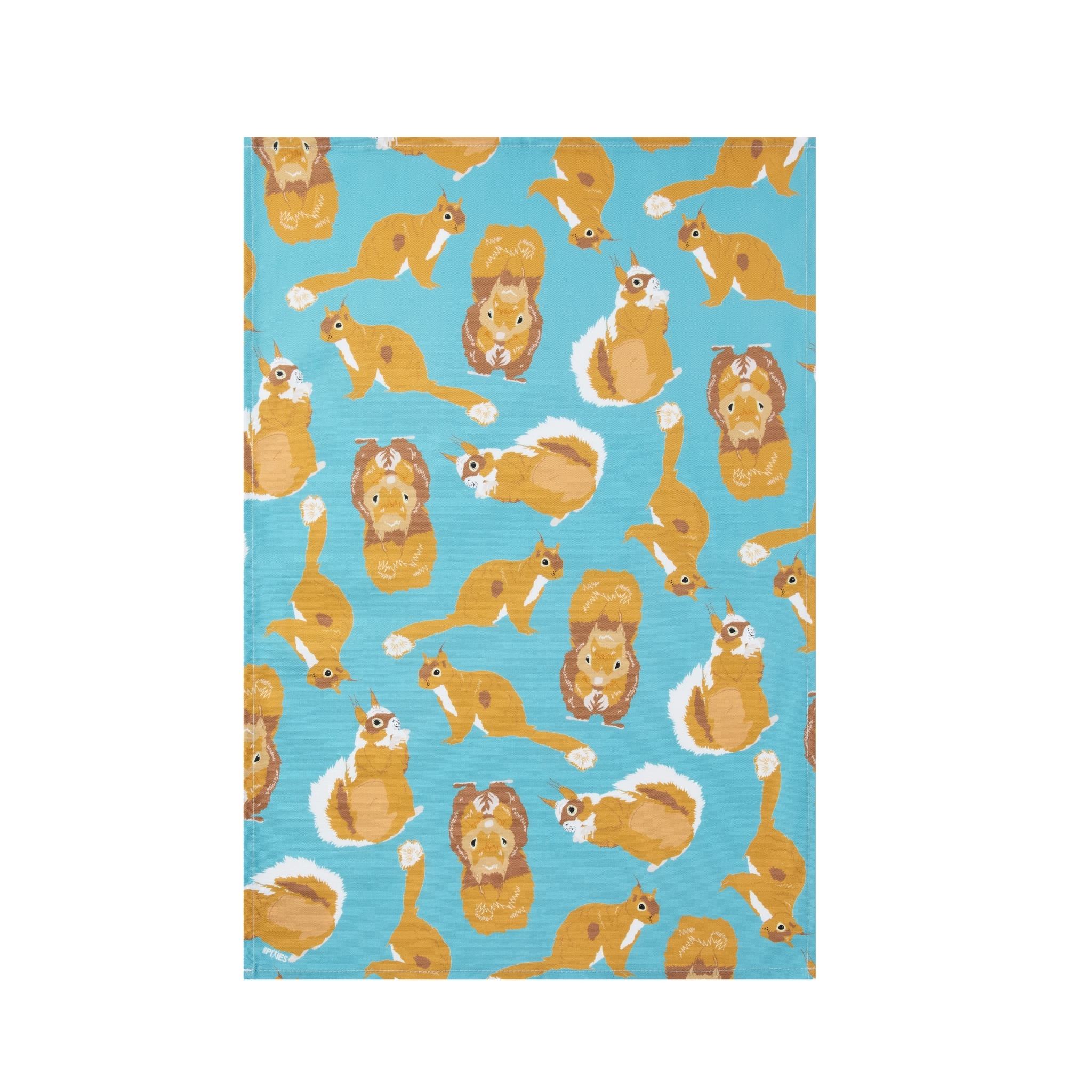 Red Squirrel design teal cotton tea towel flat lay